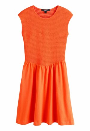 Sleeveless bright orange dress with textured, ruched bodice and smooth, flared skirt, featuring a round neckline and fitted waist.