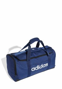 Borsa da palestra blu navy con cerniera nera e logo "adidas" bianco. Presenta manici doppi e una texture di tessuto resistente. Include una tracolla regolabile.