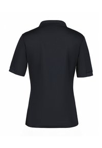 Schwarz, kurzärmeliges Poloshirt mit Kragen, aus glattem Stoff, mit einem einfachen, schlichten Rückendesign ohne zusätzliche Details.