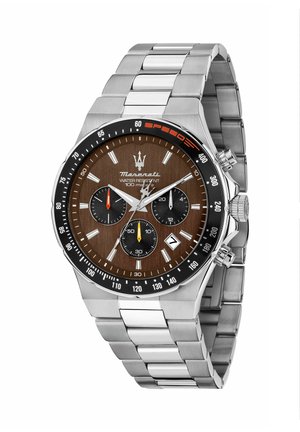 Orologio da polso Maserati in acciaio inossidabile con quadrante marrone, tre contatori neri, finestra data e lunetta tachimetrica marcata "SPEED."