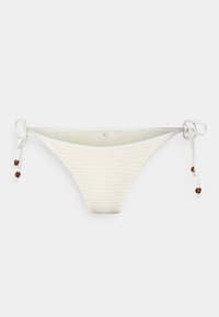 Parte de baixo de bikini de malha branca com laços ajustáveis nas laterais e detalhes em contas castanhas, tecido texturizado e forro interno suave.