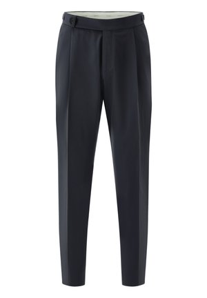 Dark navy tailored trousers with a straight cut, waistband with side adjuster tabs, and a front crease on each leg.