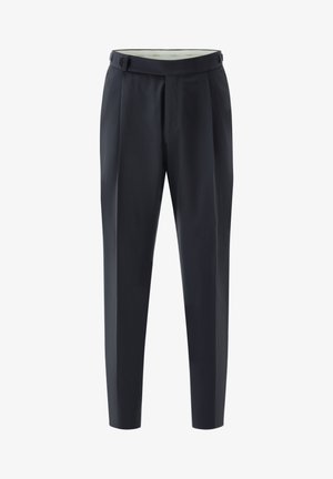 Dunkel marineblaue, maßgeschneiderte Hose mit geradem Schnitt, Taillenbund mit seitlichen Verstelllaschen und einer vorderen Bügelfalte an jedem Bein.