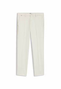 Lichtbeige broek gemaakt van een gladde stof, met een klassiek ontwerp, twee zijzakken en een rits aan de voorkant.