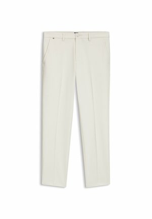 Helle beige Hose aus glattem Stoff, mit klassischem Design, zwei seitlichen Taschen und einem Reißverschluss vorne.
