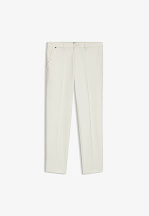 Lichtbeige broek gemaakt van een gladde stof, met een klassiek ontwerp, twee zijzakken en een rits aan de voorkant.