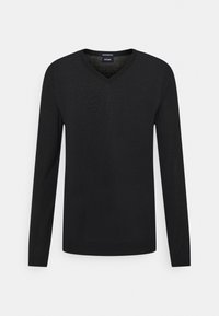 Maglione nero a maniche lunghe con scollo a V, realizzato in morbido tessuto a maglia. Presenta un motivo texture sottile sulla superficie.