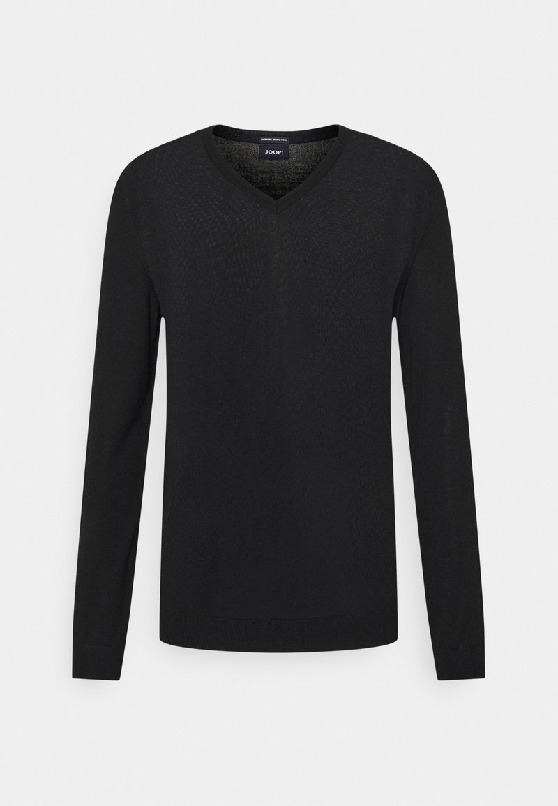 Maglione nero a maniche lunghe con scollo a V, realizzato in morbido tessuto a maglia. Presenta un motivo texture sottile sulla superficie.