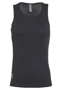 Black athletic tank top made from a smooth, stretchy fabric. Features a breathable mesh back, round neckline, and fitted design.