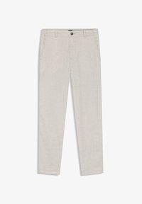 Pantalones de vestir para hombre en beige claro con trabillas para cinturón, bolsillos laterales, cierre con botón y cremallera, colocados planos sobre un fondo blanco.