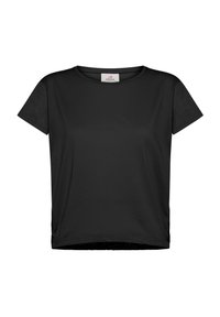 Tricou negru cu mânecă scurtă, confecționat dintr-un material moale și neted. Croială lejeră, cu decolteu rotund și detaliu subtil de pliere pe laterale.