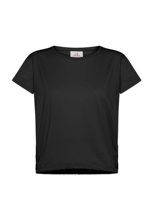 Schwarzes Kurzarm-T-Shirt aus weichem, glattem Stoff. Lockere Passform mit rundem Ausschnitt und subtilen Rüschendetails an der Seite.