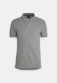 Szara koszulka polo wykonana z bawełny, z kołnierzykiem na dwa guziki, krótkimi rękawami i małym haftowanym logo na piersi.