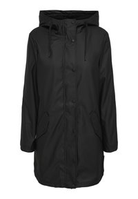 Manteau noir imperméable à capuche avec boutons-pression à l'avant, cordons de serrage ajustables et deux poches à rabat à l'avant.