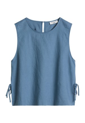 Ärmelloses blaues Leinenoberteil mit Rundhalsausschnitt, Knopf hinten im Schlüssellochverschluss und seitlichen Bändern für verstellbare Passform.