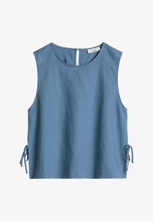 Sleeveless blue linen top with round neckline, keyhole back button, and side ties for adjustable fit.