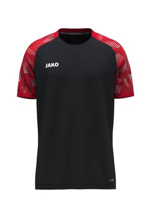 Maglia sportiva nera con maniche corte rosse con motivo e logo JAKO sul petto destro.