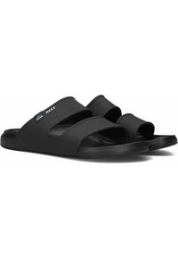 Zwarte slidesandalen met twee brede banden, een gestructureerd oppervlak en een logo-accent. Gemaakt van duurzaam rubbermateriaal en voorzien van een gevoerd voetbed.