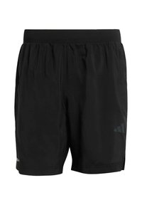 Pantalones cortos deportivos negros hechos de tela ligera, con cintura elástica, bolsillos laterales y un logotipo sutil en la parte inferior de la pierna.