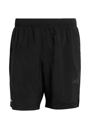 Pantalones cortos deportivos negros hechos de tela ligera, con cintura elástica, bolsillos laterales y un logotipo sutil en la parte inferior de la pierna.