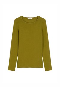 Chemise à manches longues de couleur vert olive, fabriquée dans un tissu doux et extensible. Présente un col rond classique et une coupe ajustée. Aucun motif visible.