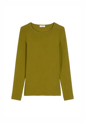 Langsleeve shirt in olijfgroen, gemaakt van zachte, rekbare stof. Heeft een klassieke ronde halslijn en een fitted vorm. Geen zichtbare patronen.