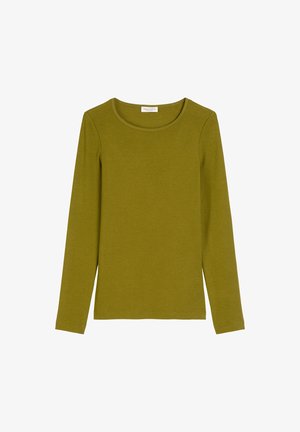 Langärmliges Hemd in Olivgrün, aus weichem, dehnbarem Material gefertigt. Hat einen klassischen Rundhalsausschnitt und eine figurbetonte Passform. Keine sichtbaren Muster.