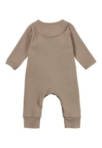 Gerippter, beiger Einteiler für Babys mit langen Ärmeln, Rundhalsausschnitt und elastischen Bündchen, mit lockerer Passform und einem Drop-Seat-Design.