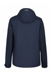 Veste imperméable bleu marine avec capuche, texture lisse et poignets ajustables. Dispose d'un logo dans le dos et de poches latérales.