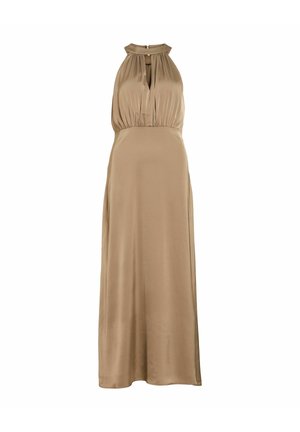 Lang beige kjole lavet af glat stof med halterneck, indsnævret talje og en nøglehulslignende udskæring foran. Gulvlængde design.