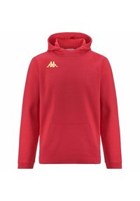 Felpa rossa con cappuccio realizzata in morbido tessuto. Presenta una tasca frontale e un logo dorato sulla parte superiore sinistra. I bordi hanno polsini a costine.