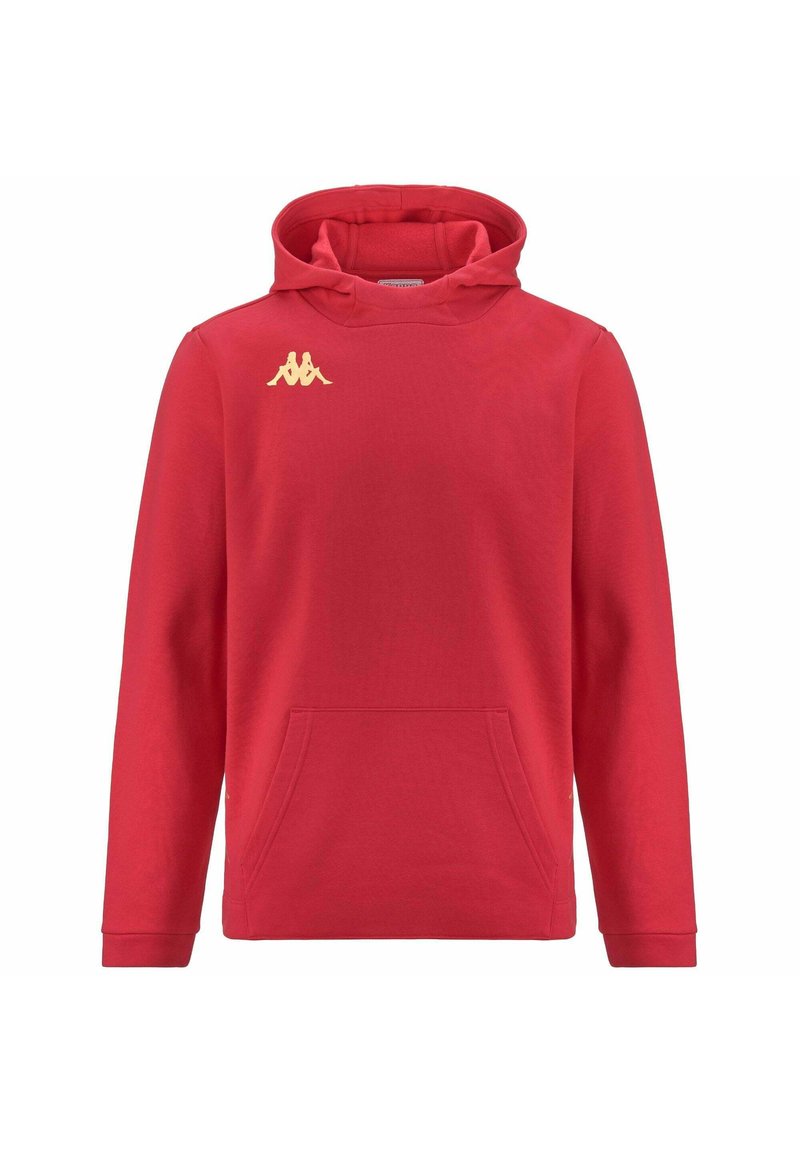 Felpa rossa con cappuccio realizzata in morbido tessuto. Presenta una tasca frontale e un logo dorato sulla parte superiore sinistra. I bordi hanno polsini a costine.