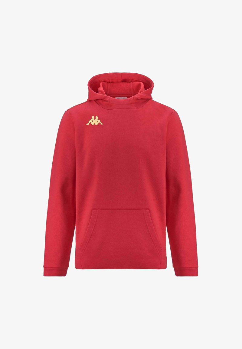 Felpa rossa con cappuccio realizzata in morbido tessuto. Presenta una tasca frontale e un logo dorato sulla parte superiore sinistra. I bordi hanno polsini a costine.