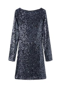 Kratka haljina sa dugim rukavima, brodskim izrezom i prilagođenim oblikom. Karakterizira tamnoplava boja s sjajnom teksturom kroz cijelu haljinu.