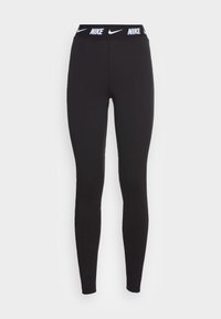 Colanți negri cu o potrivire strânsă, având un bandă lată la brâu. Banda de la brâu afișează logo-ul Nike în alb, adăugând un detaliu de contrast.