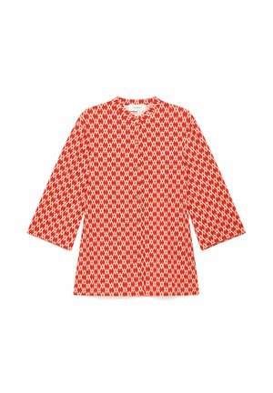 Chemise à manches longues boutonnée avec motif géométrique rouge et blanc, col rond et ourlet droit.