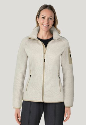 Beige fleece jack met hoge kraag, rits aan de voorkant, twee zijzakken en een accentzak op de linker mouw. Gestructureerde stof.