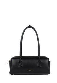 Schwarze Lederhandtasche mit zwei langen Griffen, rechteckiger Form und einem goldfarbenen Reißverschluss. Verfügt über ein dezentes, geprägtes Logo auf der Vorderseite.