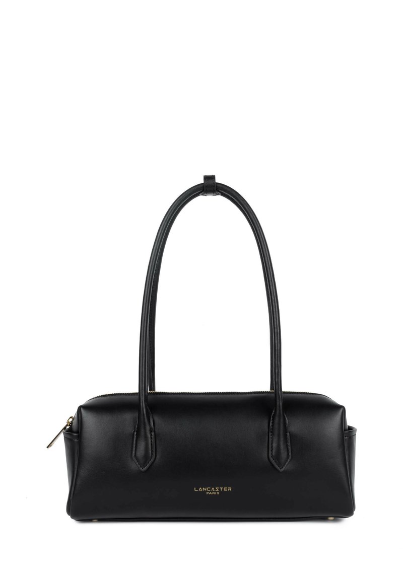 Schwarze Lederhandtasche mit zwei langen Griffen, rechteckiger Form und einem goldfarbenen Reißverschluss. Verfügt über ein dezentes, geprägtes Logo auf der Vorderseite.