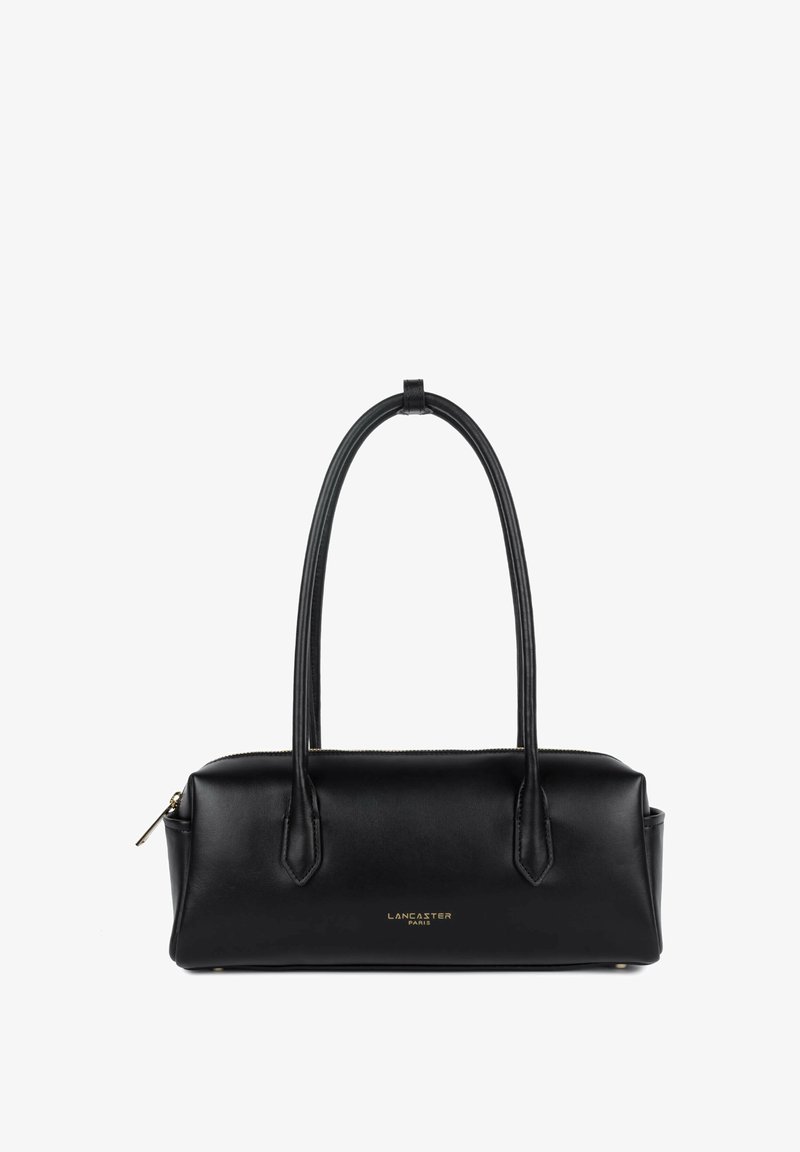 Schwarze Lederhandtasche mit zwei langen Griffen, rechteckiger Form und einem goldfarbenen Reißverschluss. Verfügt über ein dezentes, geprägtes Logo auf der Vorderseite.