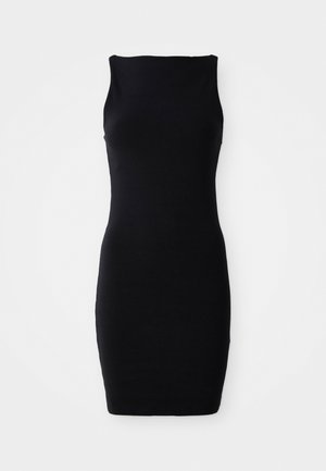 Svart ermeløs bodycon-kjole med rund hals, laget av glatt stoff, med en tettsittende silhuett og kne-lang design.