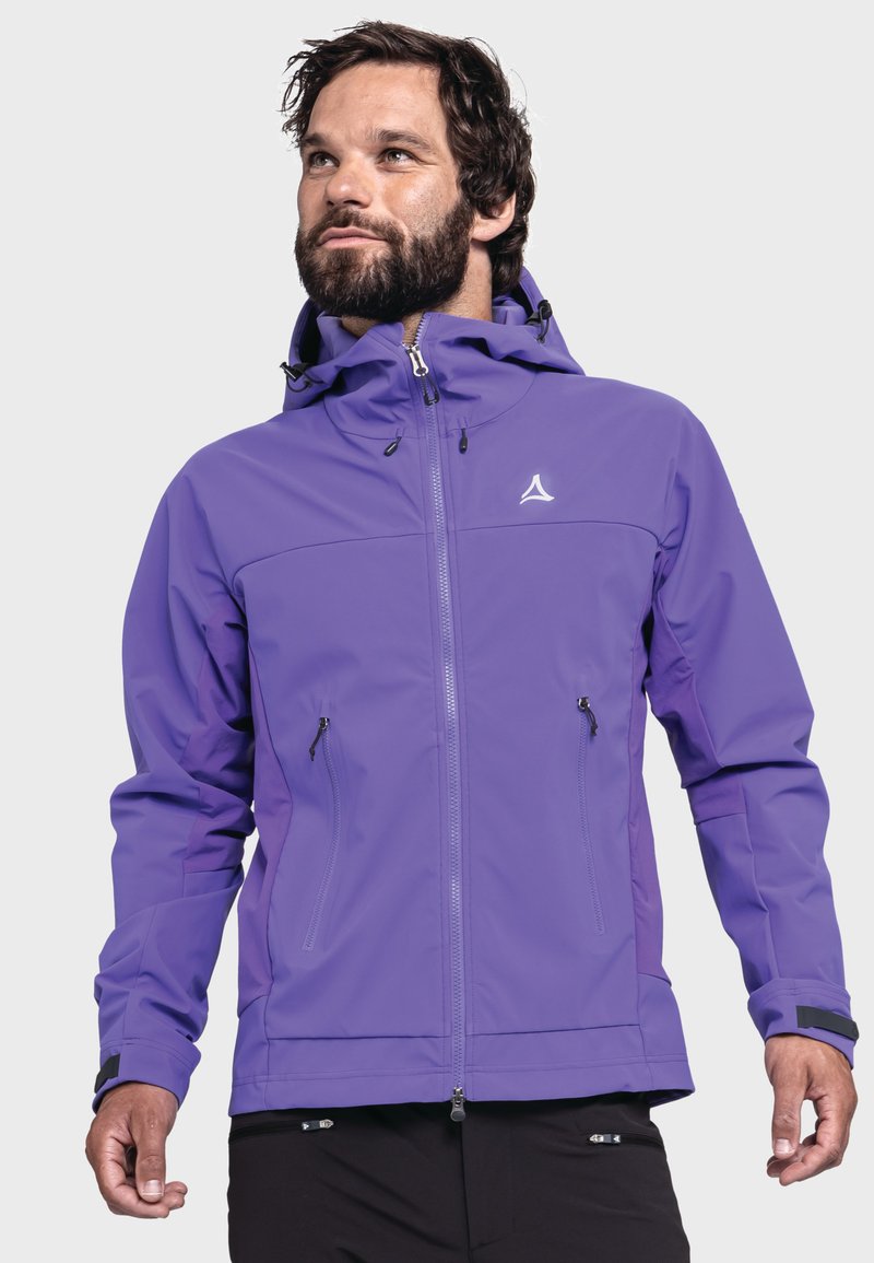 Lila wasserdichte Jacke mit Kapuze, ausgestattet mit Reißverschlusstaschen, verstellbaren Manschetten und einem Logo auf der Brust. Glatte Textur und taillierte Passform.
