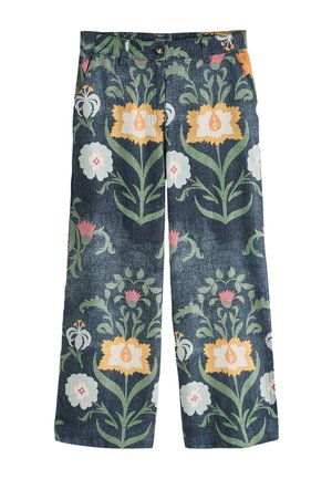 Navy blue pants with wide legs featuring large yellow, white, pink, and green floral patterns and a front button closure.