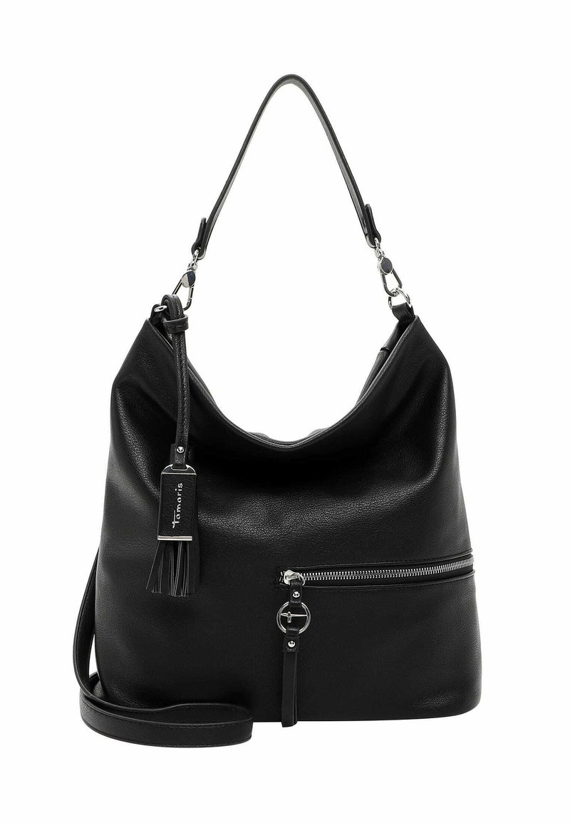 Black leather hobo bag with a smooth texture, a curved top, adjustable shoulder strap, decorative tassel, and front zipper pocket.