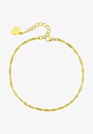Bracelet en chaîne torsadée dorée avec un fermoir à pince. Présente un design délicat et une longueur ajustable, se terminant par un charm en forme de cercle.
