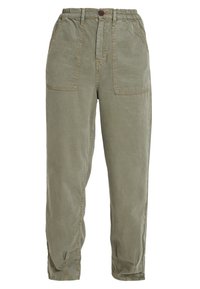 Olive green cotton blend pants with a relaxed fit, elastic waistband, front button closure, and two large patch pockets.