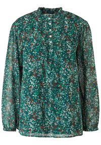 Blouse verte à manches longues avec un petit motif floral blanc, marron et bleu clair, encolure froncée et patte de boutonnage devant avec six boutons.