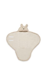 Beige baby wrap made of soft fleece, featuring a hood with bunny ears, smiling face design, and Velcro straps for secure closure.