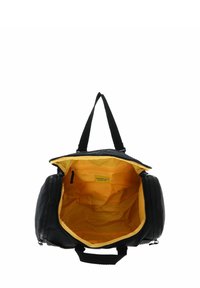 Sac de sport noir avec extérieur texturé, doublure intérieure jaune, double poignée noire et compartiment zippé.