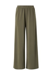 Brede broek in olijfgroen stof met een elastische tailleband, gladde textuur en geen zichtbare sluitingen. Eenvoudig ontwerp, volle lengte.